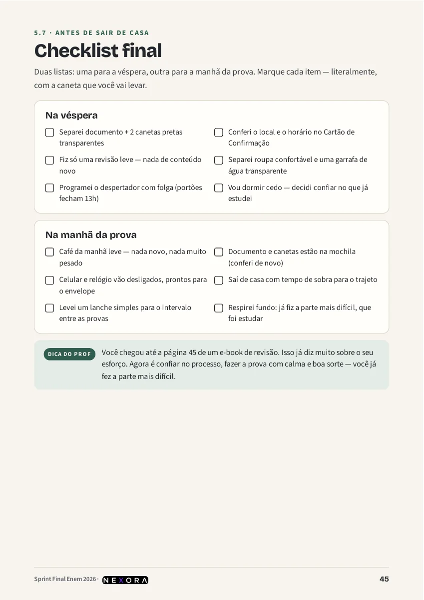 Página do Sprint com o checklist final para a véspera e a manhã da prova