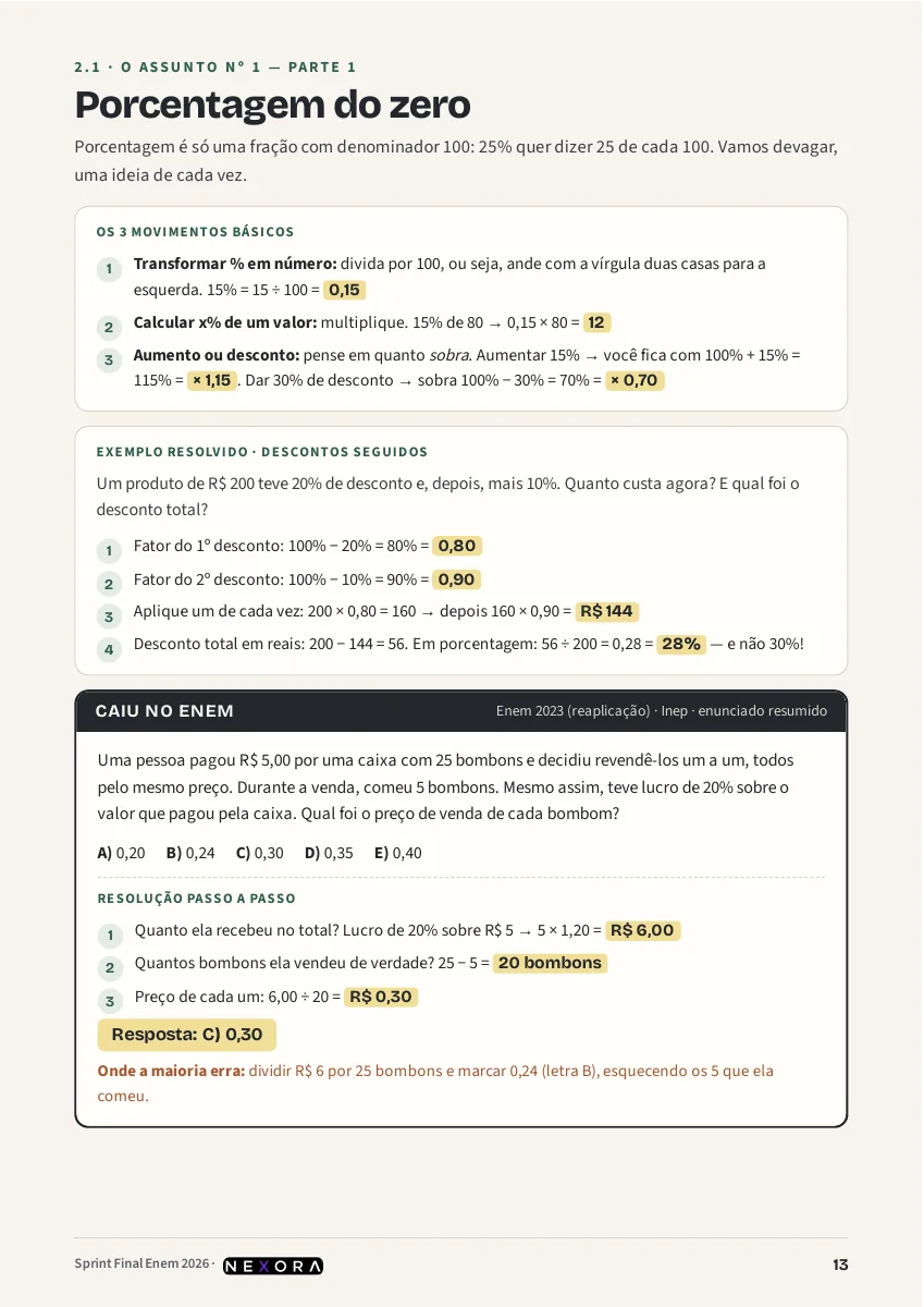 Página do Sprint com resumo de porcentagem e questão do ENEM resolvida